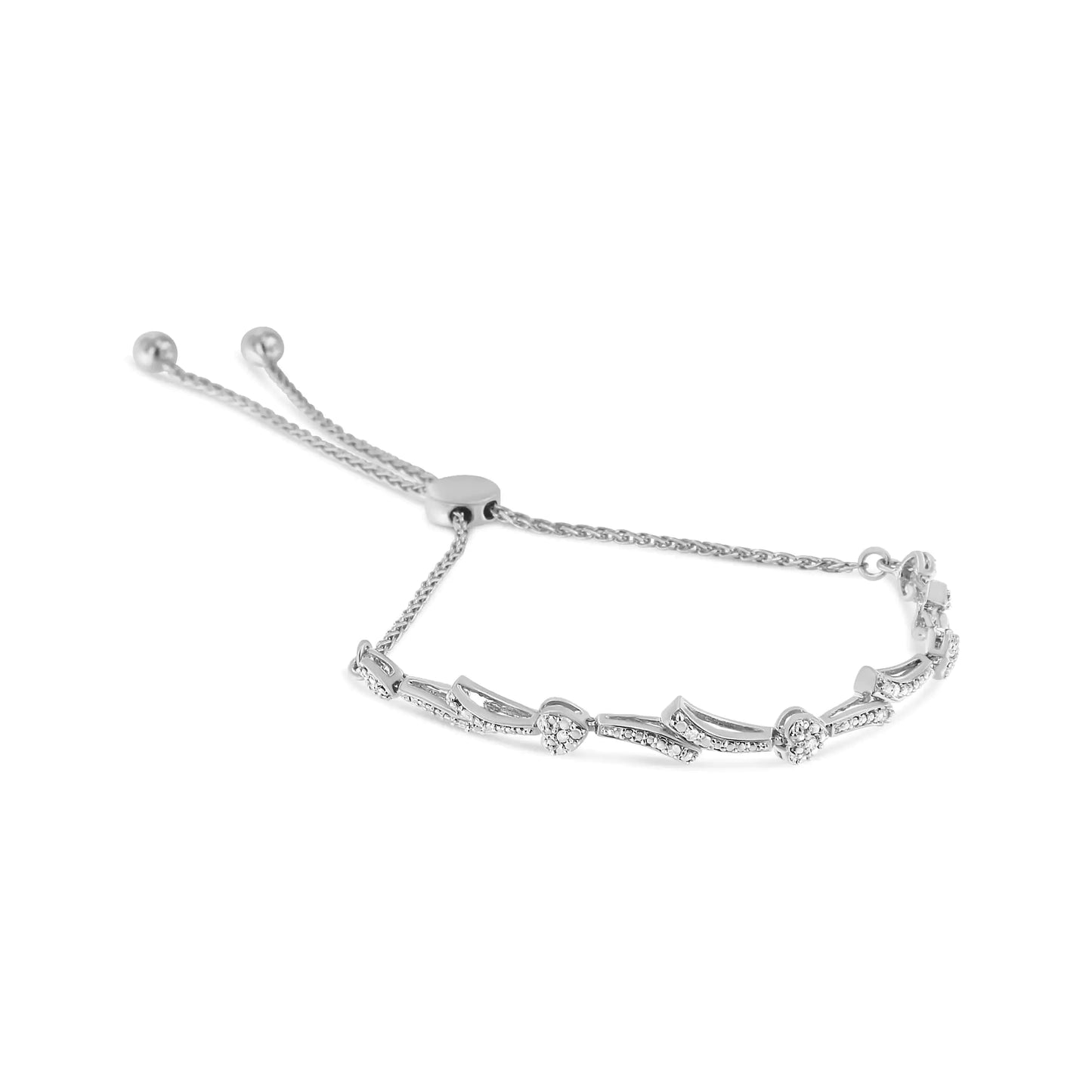 .925 Sterling Silver Diamond Accent Heart and Wave Link Bolo Bracelet (I-J Color, I2-I3 Clarity) - 6" to 9" Adjustable