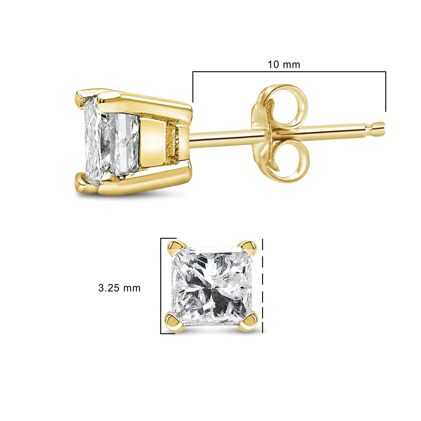 AGS Certified Princess-Cut Square Diamond 4-Prong Solitaire Stud Earrings in 14K Gold (N-O Color, SI2-I1 Clarity)