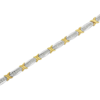 Two-Tone 10K Yellow Gold over .925 Sterling Silver 1.0 Cttw Diamond Channel Set Tapered & X-Link 7" Tennis Bracelet (H-I Color, I2-I3 Clarity)