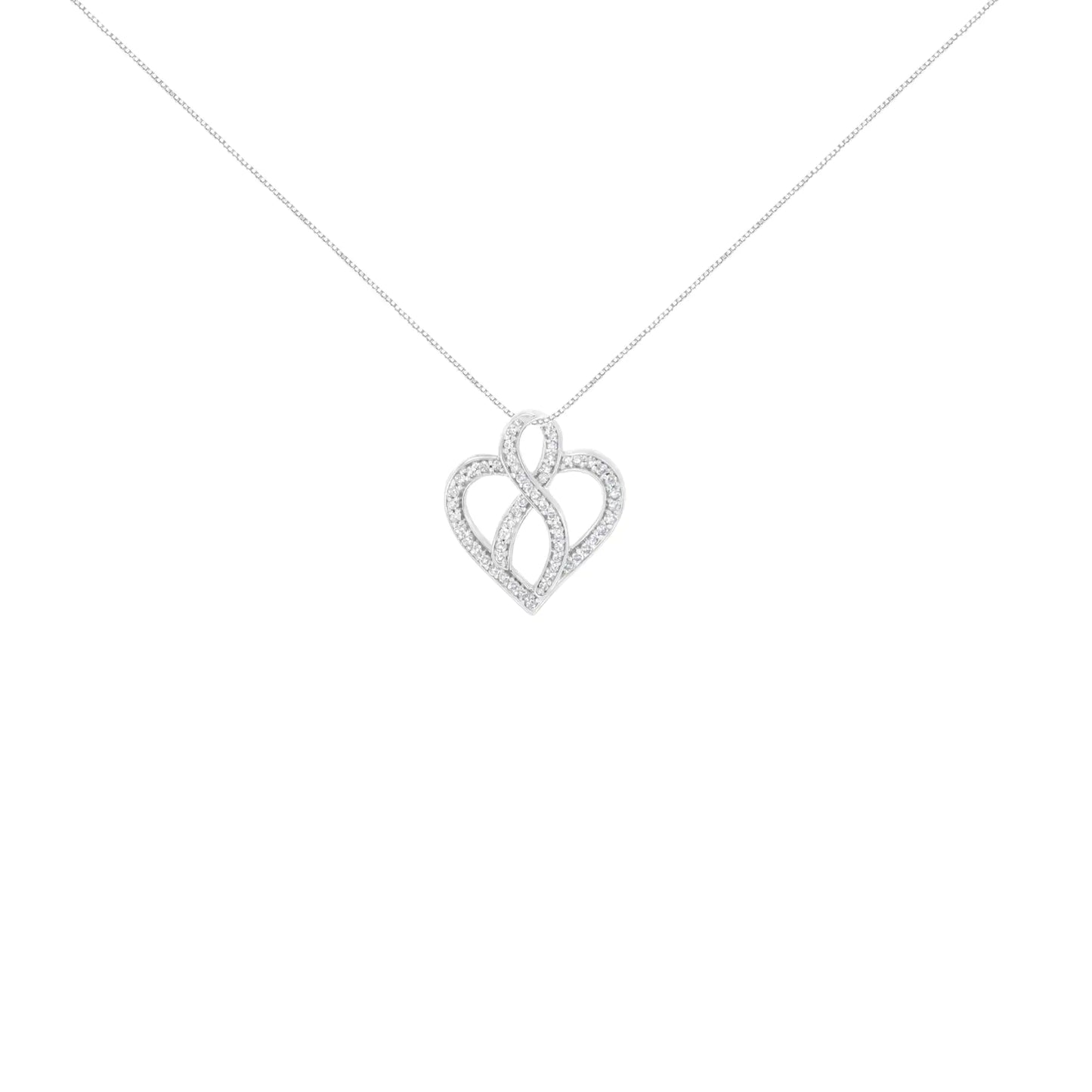 14K White Gold 1/4 cttw Round Cut Diamond Heart and Ribbon Center Pendant Necklace (H-I, I1-I2)