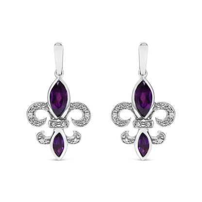 .925 Sterling Silver Marquise Cut Amethyst and Diamond Accent Fleur De Lis Dangle Stud Earrings (H-I Color, SI1-SI2 Clarity)