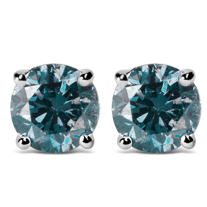 14K Gold Round Brilliant Cut Lab Grown Blue Diamond 4-Prong Classic Solitaire Stud Earrings with Pushbacks