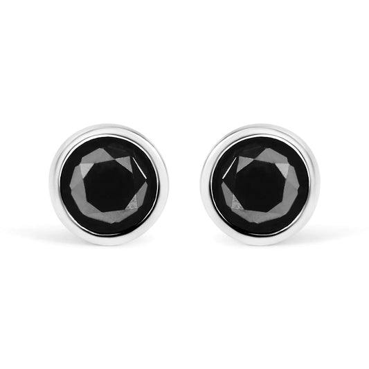 .925 Sterling Silver Round Brilliant-Cut Black Diamond Bezel-Set Stud Earrings with Screw Backs (Fancy Color-Enhanced, I2-I3 Clarity)