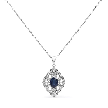 .925 Sterling Silver 7x5 MM Oval Blue Sapphire and Diamond Accent Art Deco Style Shield Shaped 18" Pendant Necklace (I-J Color, I3 Clarity)