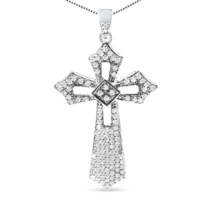 .925 Sterling Silver 1.00 Cttw Diamond Fleur De Lis Cross 18" Pendant Necklace (H-I Color, I2-I3 Clarity)