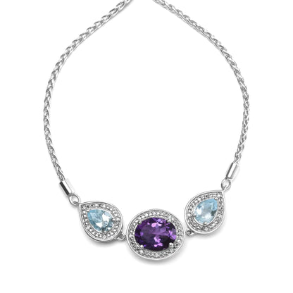 .925 Sterling Silver Oval Amethyst and Pear Blue Topaz with Diamond Accent Lariat 4”-10” Adjustable Bolo Bracelet (H-I Color, SI1-SI2 Clarity)