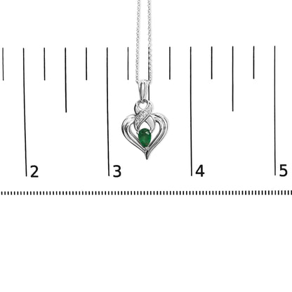 .925 Sterling Silver 6x4mm Pear Emerald and Diamond Accent Heart Pendant Necklace (H-I Color, SI1-SI2 Clarity) - 18 Inches