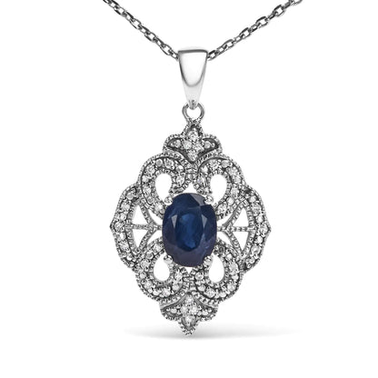 .925 Sterling Silver 7x5 MM Oval Blue Sapphire and Diamond Accent Art Deco Style Shield Shaped 18" Pendant Necklace (I-J Color, I3 Clarity)