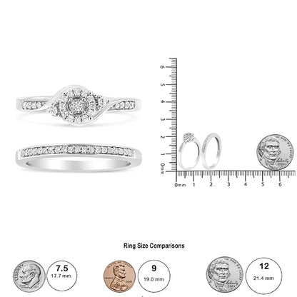 .925 Sterling Silver 1/4 Cttw Diamond Halo and Swirl Engagement Ring and Wedding Band Set (I-J Color, I3 Clarity)