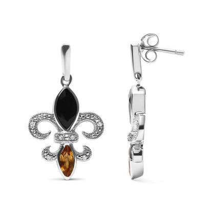 .925 Sterling Silver Marquise Cut Onyx and Citrine with Diamond Accent Fleur De Lis Drop Stud Earrings (H-I Color, SI1-SI2 Clarity)