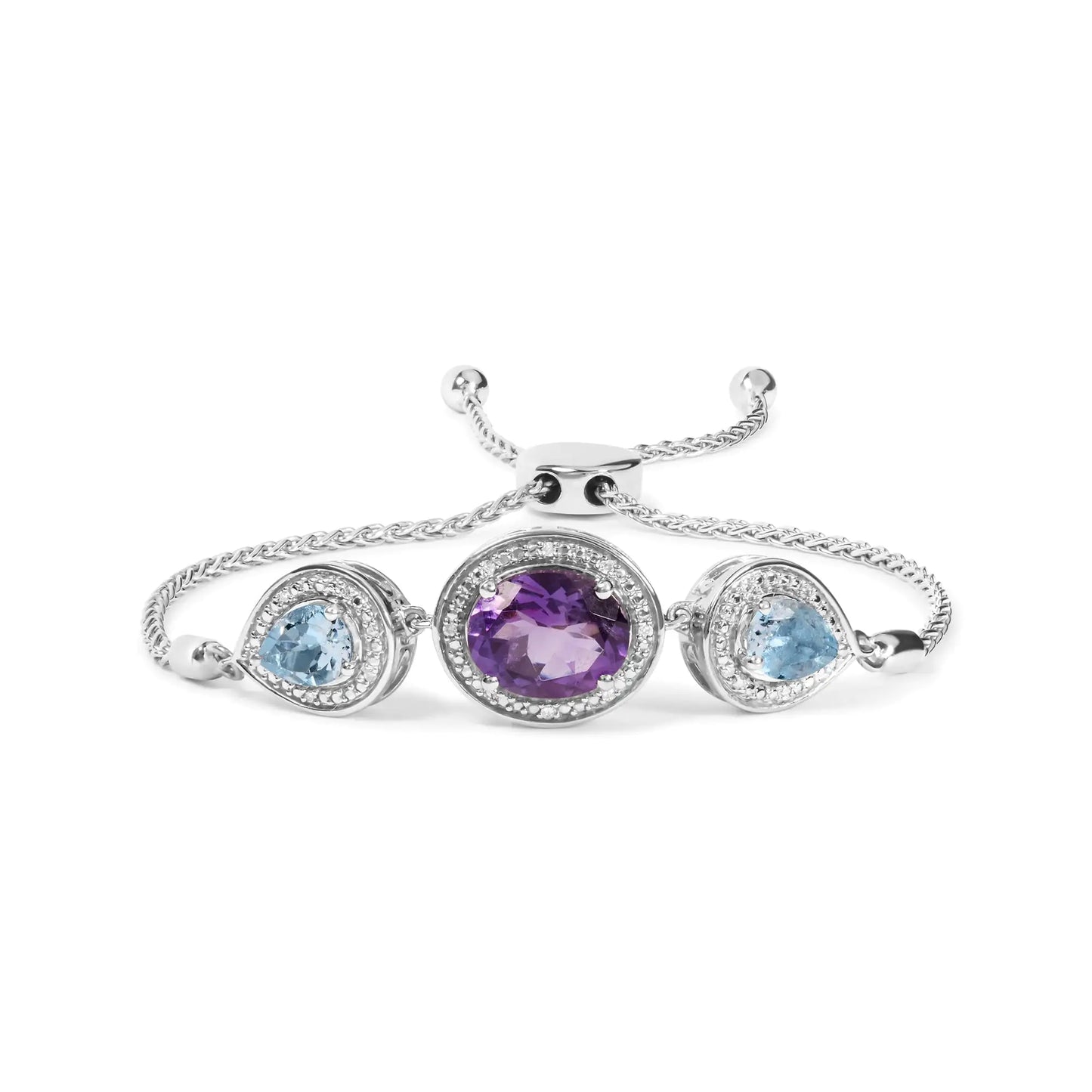 .925 Sterling Silver Oval Amethyst and Pear Blue Topaz with Diamond Accent Lariat 4”-10” Adjustable Bolo Bracelet (H-I Color, SI1-SI2 Clarity)