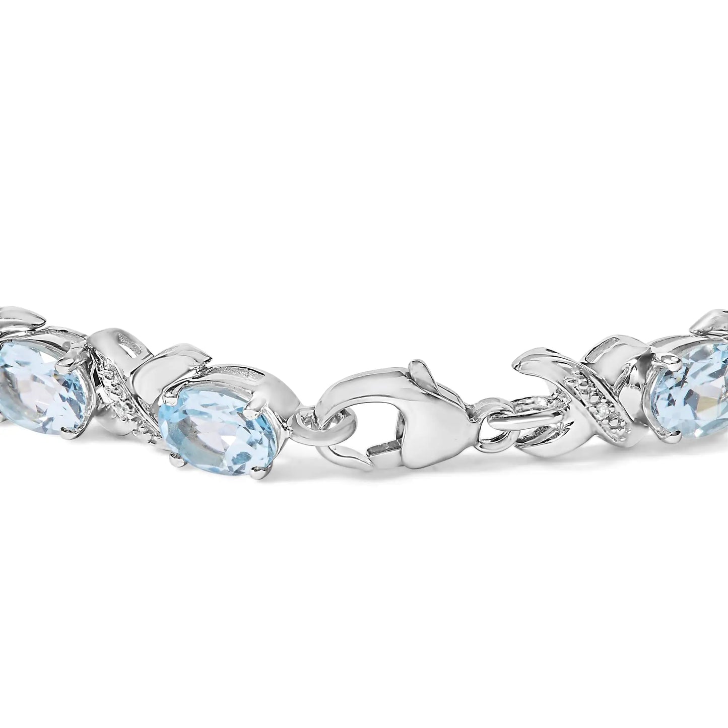 .925 Sterling Silver 16.0 Cttw Oval Blue Topaz and Diamond Accent Tennis X Link Bracelet (I-J Color, I1-I2 Clarity) - Size 7" Inch