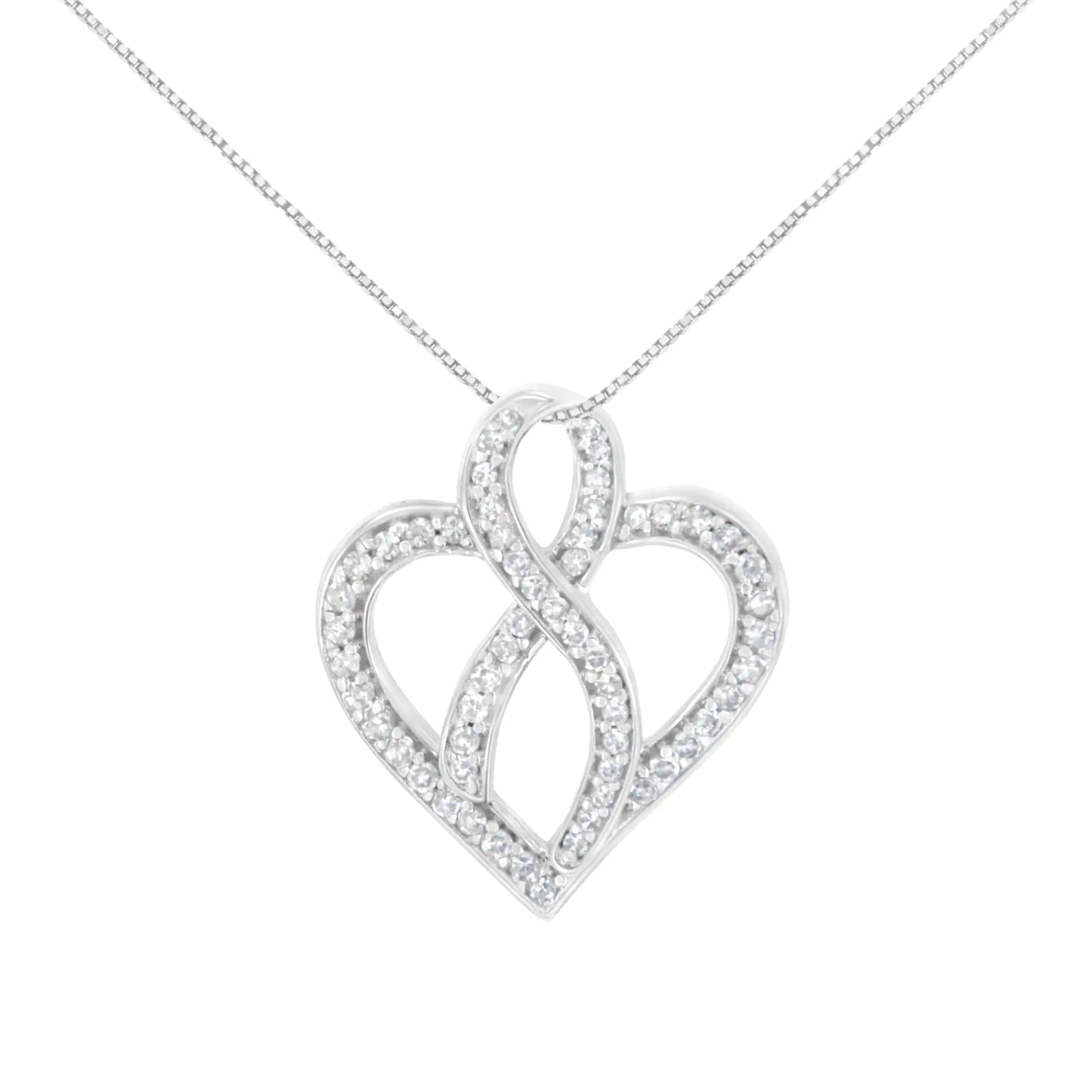 14K White Gold 1/4 cttw Round Cut Diamond Heart and Ribbon Center Pendant Necklace (H-I, I1-I2)