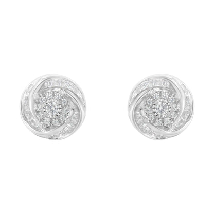 .925 Sterling Silver 3/4 Cttw Round and Baguette-Cut Diamond Love Knot Stud Earring (I-J Color, I2-I3 Clarity)