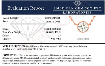 AGS Certified 10K Rose Gold 1/5 Cttw Bezel Set Round Diamond Solitaire 16-18" Adjustable Pendant Necklace (I-J Color, VS1-VS2 Clarity)