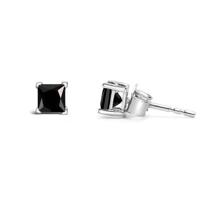 14K White Gold Princess-Cut Treated Black Diamond Classic 4-Prong Stud Earrings - Pushback