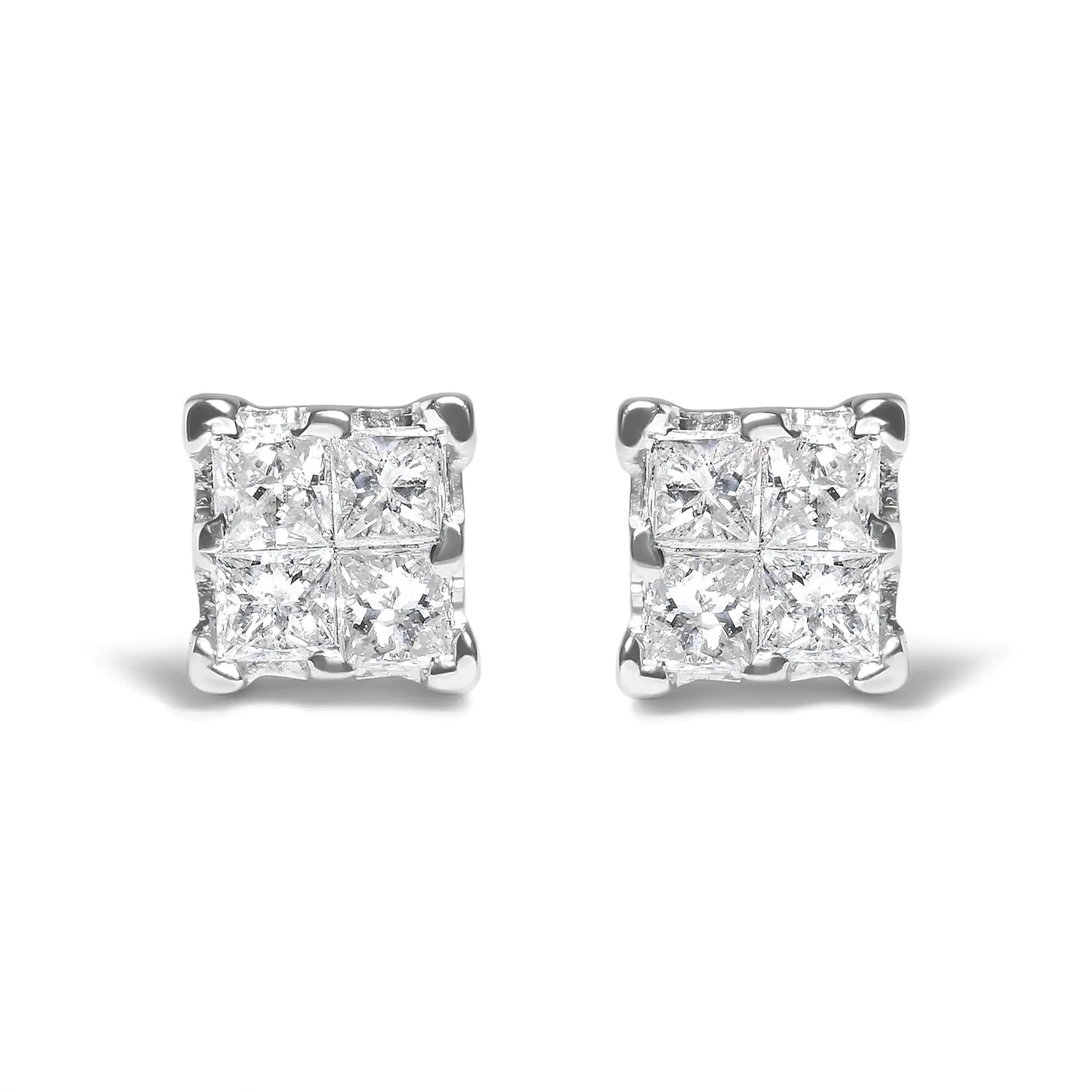 .925 Sterling Silver 1/4 Cttw Invisible Set Princess Diamond Composite Quad Stud Earrings (I-J Color, I1-I2 Clarity)