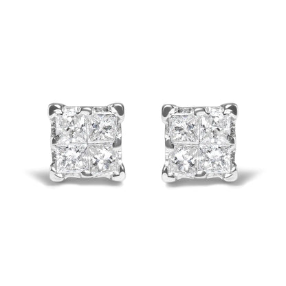 .925 Sterling Silver 1/4 Cttw Invisible Set Princess Diamond Composite Quad Stud Earrings (I-J Color, I1-I2 Clarity)