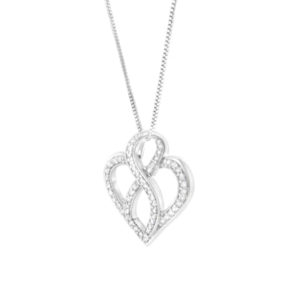 14K White Gold 1/4 cttw Round Cut Diamond Heart and Ribbon Center Pendant Necklace (H-I, I1-I2)