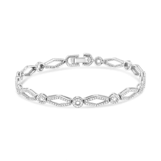 .925 Sterling Silver 1 1/2 Cttw Diamond Studded Alternating Circle and Kite-Shaped Vintage-Style Link Bracelet (I-J Color, I2-I3 Clarity) 7 Inch