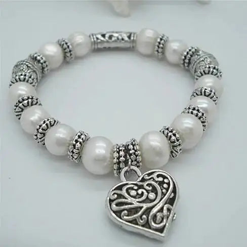 Charming Heart Pearl And Silver Bracelet