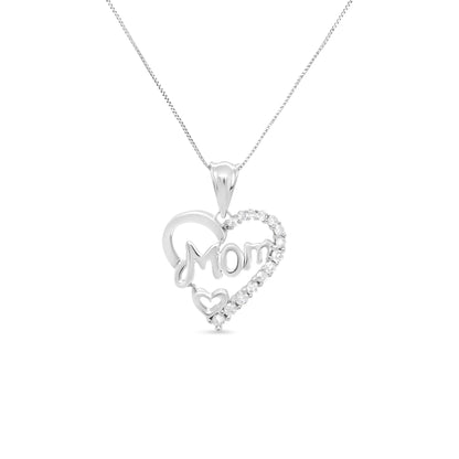 .925 Sterling Silver 1/4 Cttw Round Diamond "Mom" Openwork Heart Pendant 18" Necklace (I-J Color, I2-I3 Clarity)