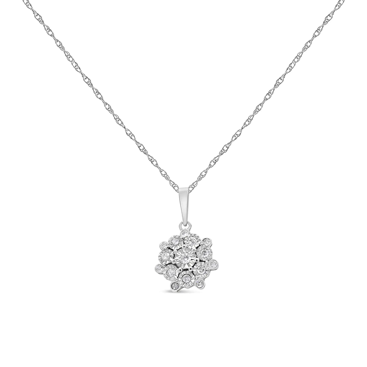 .925 Sterling Silver 1/4 Cttw Miracle Set Diamond Floral Cluster 18" Pendant Necklace for Women (I-J Color, I1-I2 Clarity)