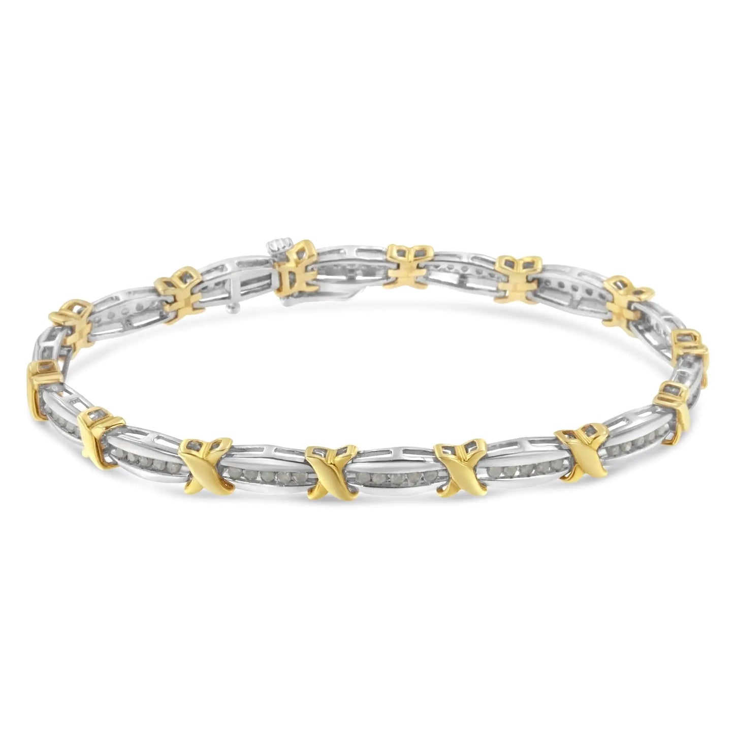 Two-Tone 10K Yellow Gold over .925 Sterling Silver 1.0 Cttw Diamond Channel Set Tapered & X-Link 7" Tennis Bracelet (H-I Color, I2-I3 Clarity)