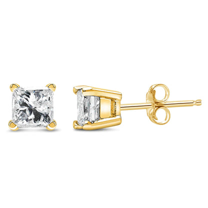 IGI Certified 14k Yellow Gold 4-Prong Set Princess-Cut Solitaire Diamond Push Back Stud Earrings (L-M Color, I1-I2 Clarity)