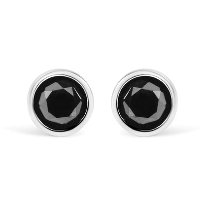 .925 Sterling Silver Round Brilliant-Cut Black Diamond Bezel-Set Stud Earrings with Screw Backs (Fancy Color-Enhanced, I2-I3 Clarity)