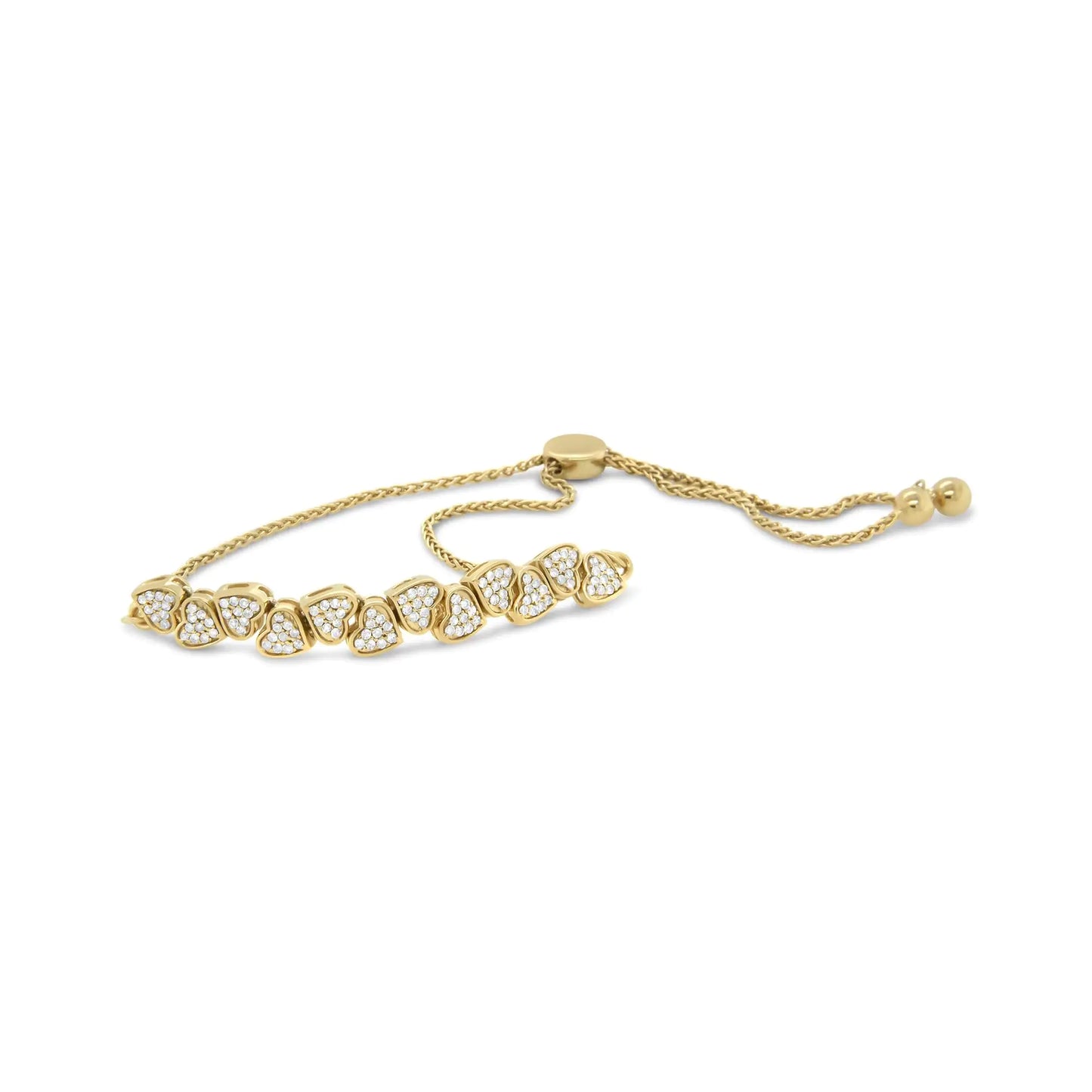 Yellow Gold Plated .925 Sterling Silver 1/2 Cttw Diamond Sideways Hearts Bolo Bracelet (H-I Color, I1-I2 Clarity) - 4”-10” Adjustable