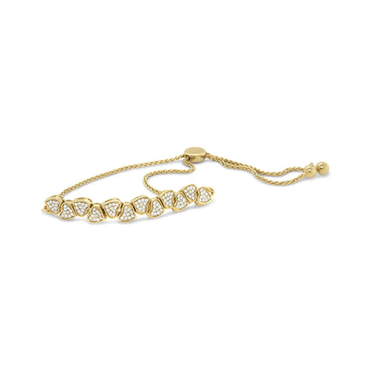 Yellow Gold Plated .925 Sterling Silver 1/2 Cttw Diamond Sideways Hearts Bolo Bracelet (H-I Color, I1-I2 Clarity) - 4”-10” Adjustable