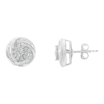 .925 Sterling Silver 3/4 Cttw Round and Baguette-Cut Diamond Love Knot Stud Earring (I-J Color, I2-I3 Clarity)