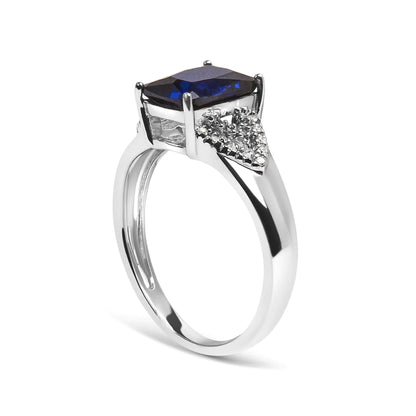 .925 Sterling Silver 9X7 mm Cushion Cut Blue Sapphire and White Diamond Step up Engagement Ring (I-J Color, I3 Clarity)