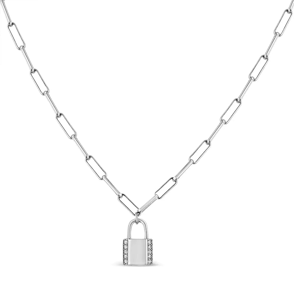 .925 Sterling Silver 1/10 Cttw Round Diamond Lock Pendant Paperclip Chin Necklace (H-I Color, SI1-SI2 Clarity)