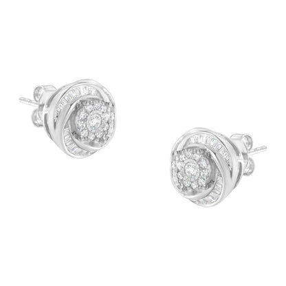 .925 Sterling Silver 3/4 Cttw Round and Baguette-Cut Diamond Love Knot Stud Earring (I-J Color, I2-I3 Clarity)