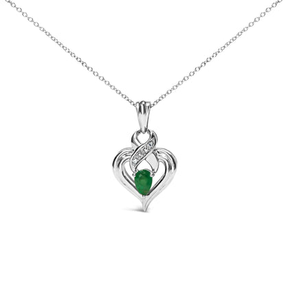 .925 Sterling Silver 6x4mm Pear Emerald and Diamond Accent Heart Pendant Necklace (H-I Color, SI1-SI2 Clarity) - 18 Inches