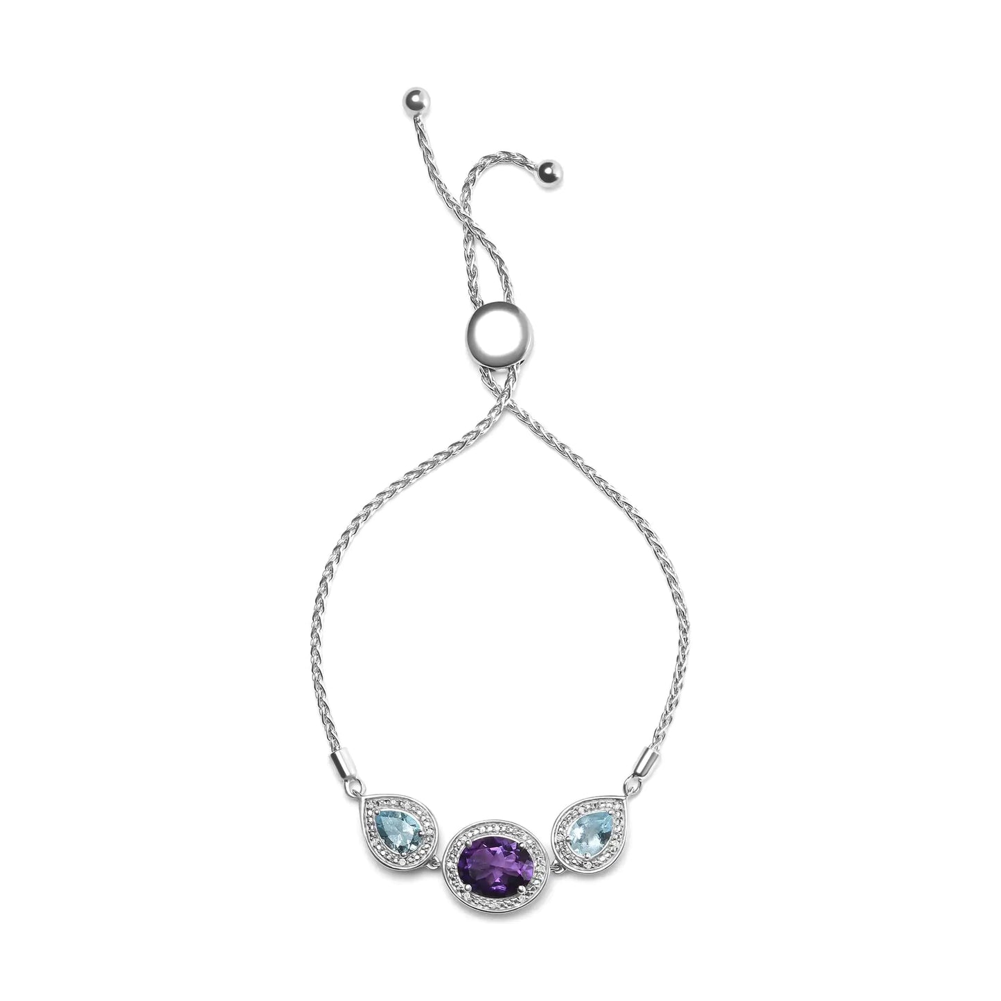 .925 Sterling Silver Oval Amethyst and Pear Blue Topaz with Diamond Accent Lariat 4”-10” Adjustable Bolo Bracelet (H-I Color, SI1-SI2 Clarity)