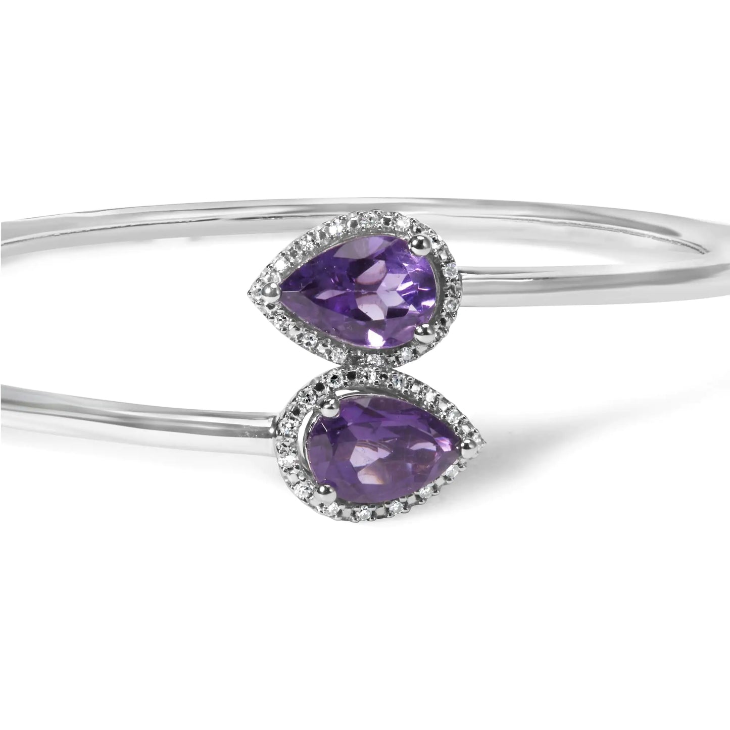 .925 Sterling Silver 8 x 5.5mm Pear Shape Amethyst  and Diamond Accent Halo Bypass Bangle Bracelet (H-I Color, SI1-SI2 Clarity)  - Fits up to 7" Inches