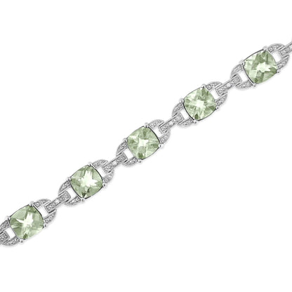 .925 Sterling Silver 7x7 mm Cushion Cut Green Amethyst and 1/20 cttw Round Cut Diamond Fashion Tennis Bracelet (I-J Color, I1-I2 Clarity) - 7"