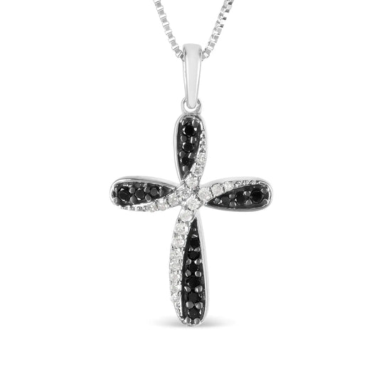 .925 Sterling Silver 1/4 Cttw Alternating Black and White Diamond Intertwining Ribbon Weave Cross 18" Pendant Necklace (Black/I-J Color, I2-I3 Clarity)