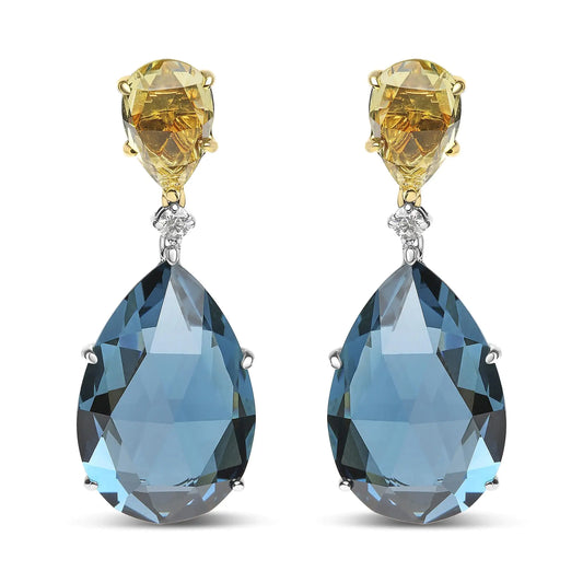 18K White and Yellow Gold 1/5 Cttw Diamond with Pear Cut Lemon Quartz and Pear Cut London Blue Topaz Gemstone Dangle Earring (G-H Color, SI1-SI2 Clarity)